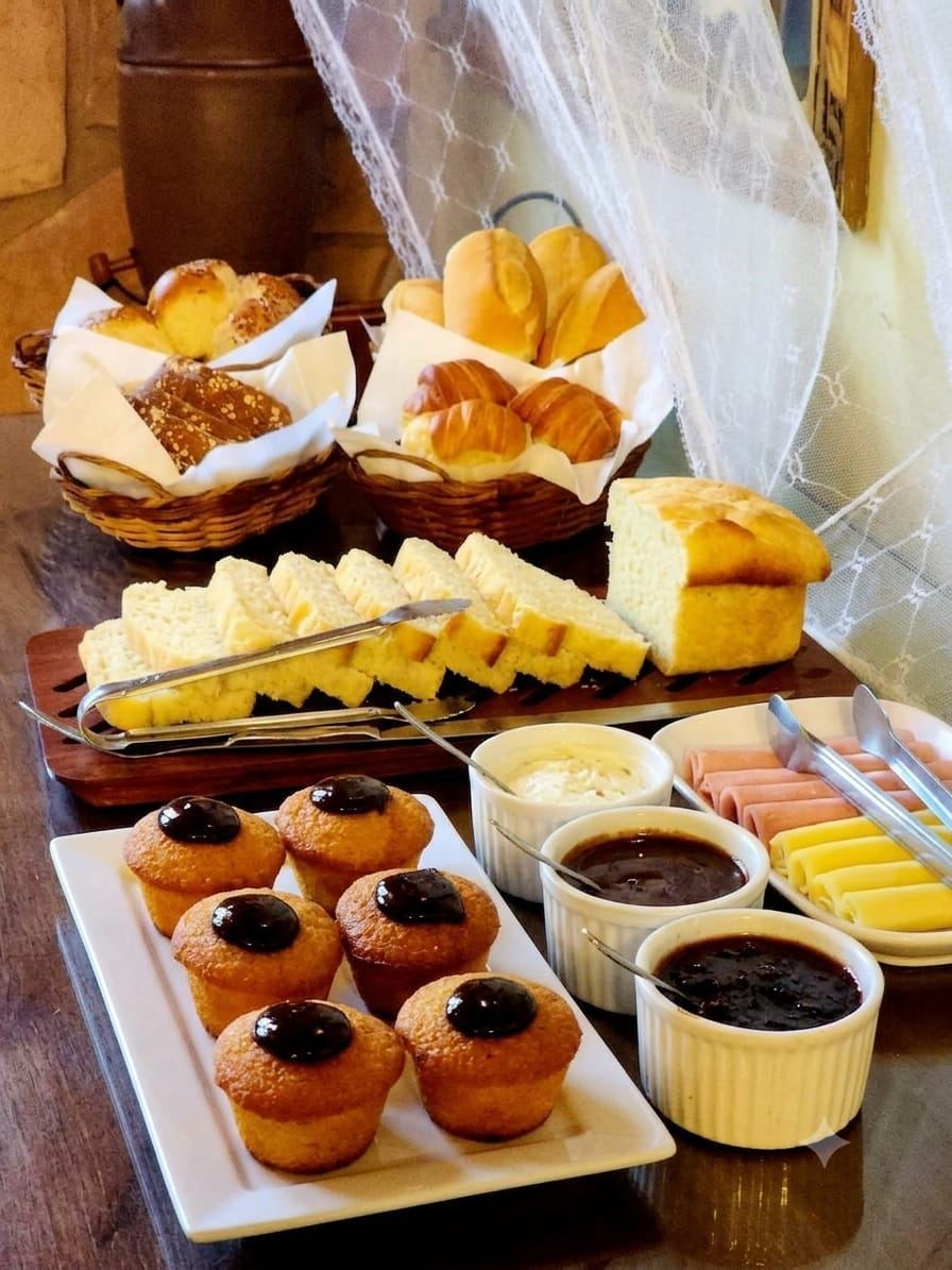 Mesa de café da manhã com pães, bolos e geleias na Pousada Solar Azul